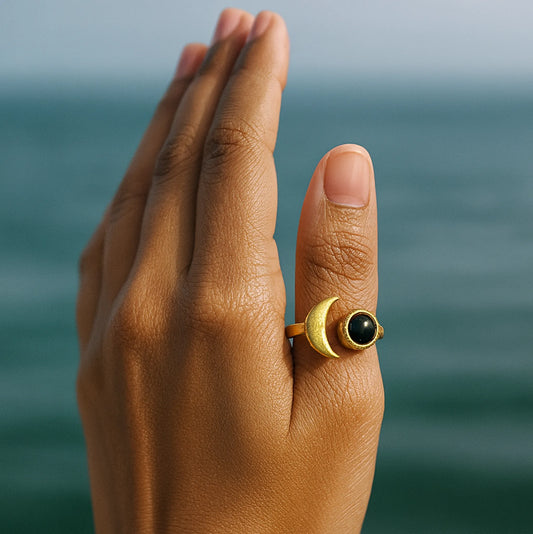 Onyx Crescent Adjustable Ring