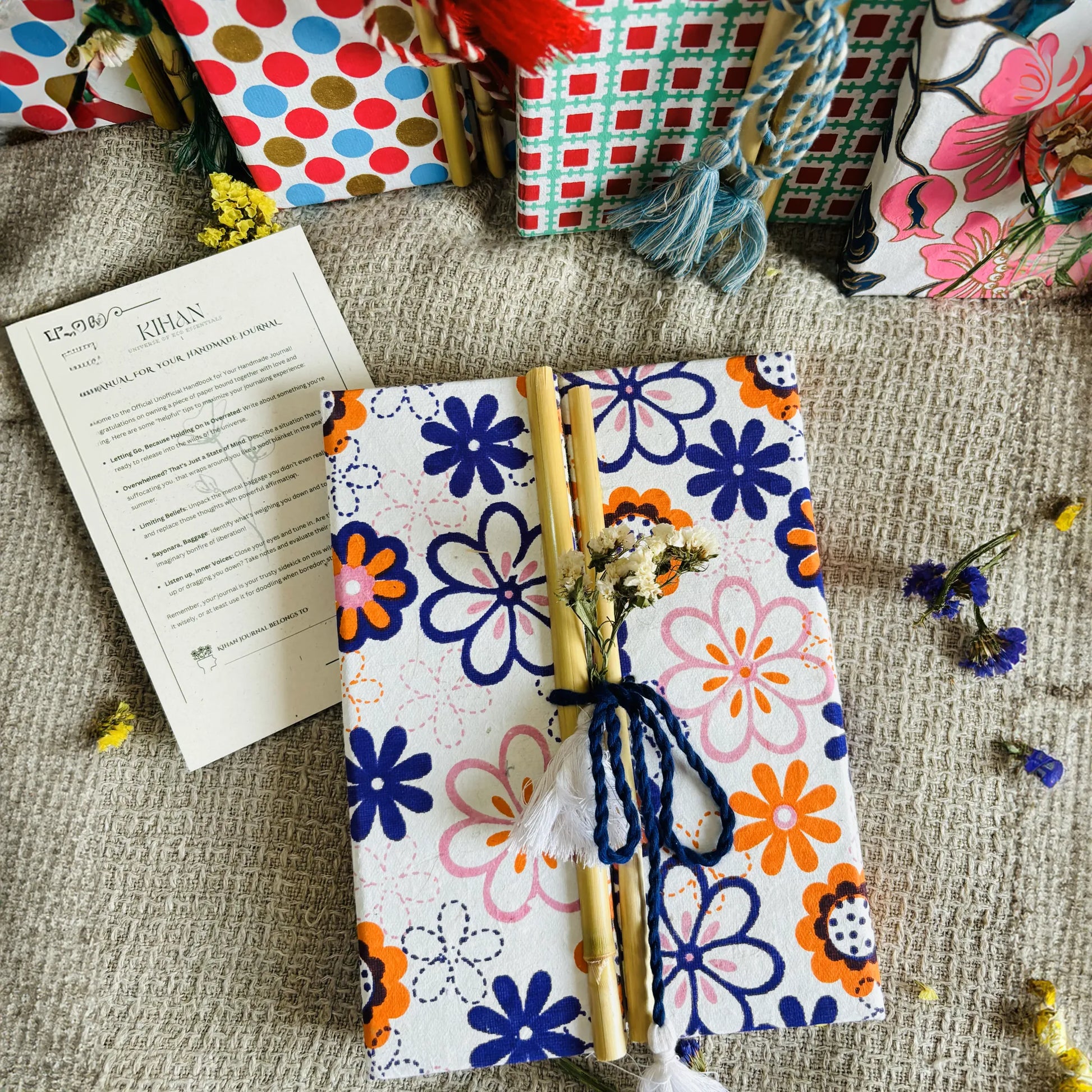 Handmade paper bamboo journal in azure bloom - front view