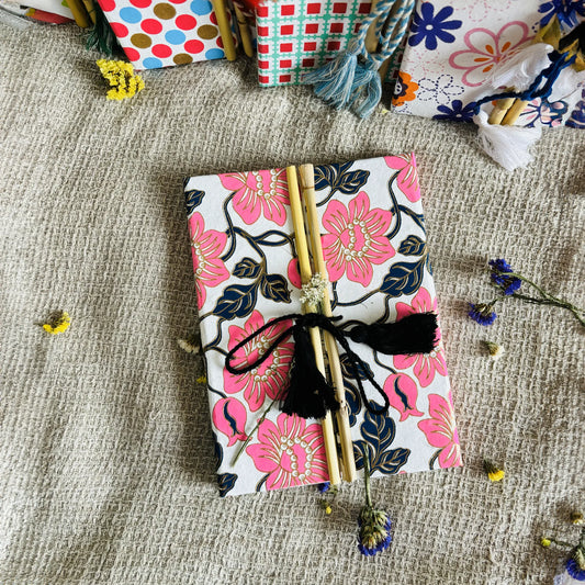 Handmade paper bamboo journal in roseglow - front view