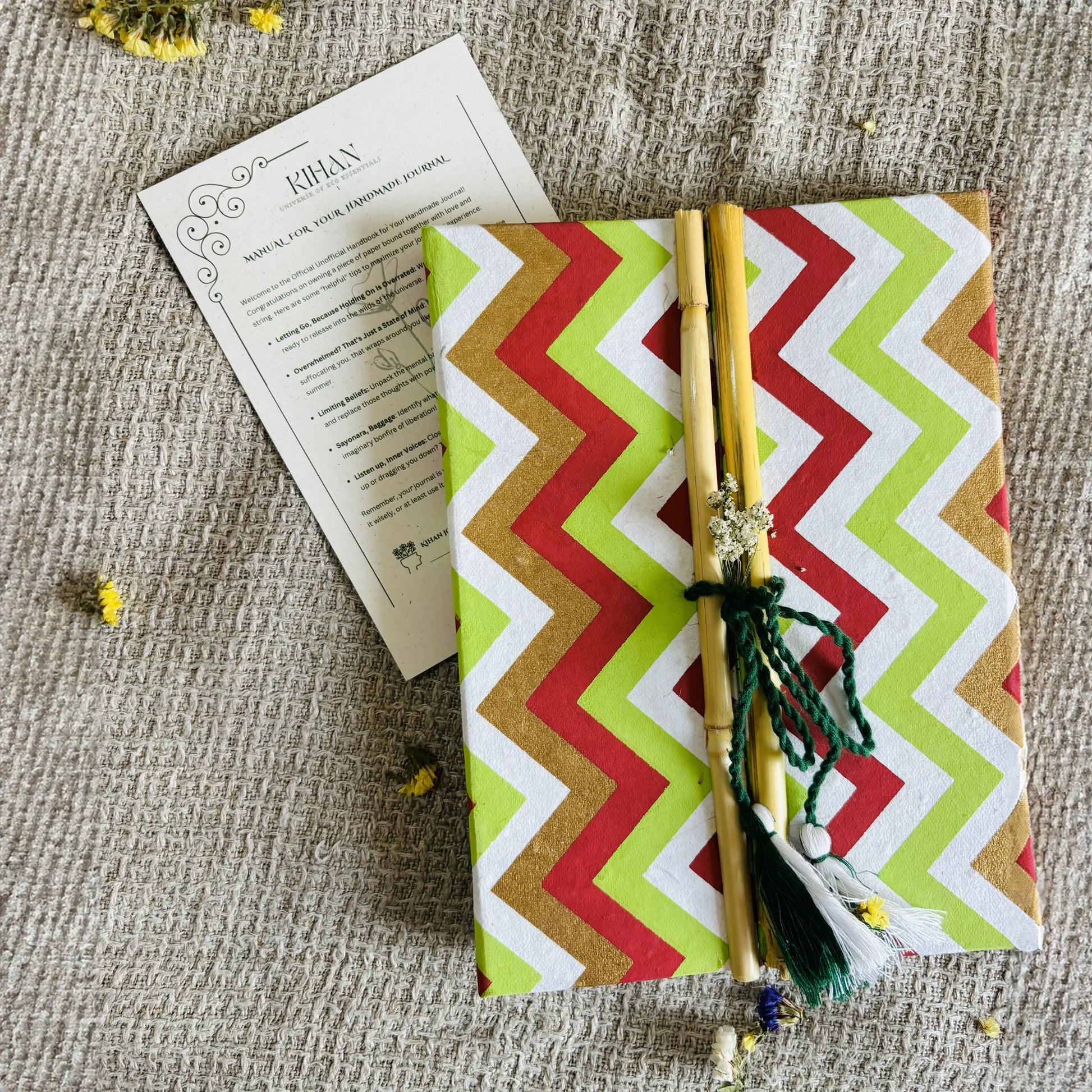 Handmade paper bamboo journal in zag zig zen - front view