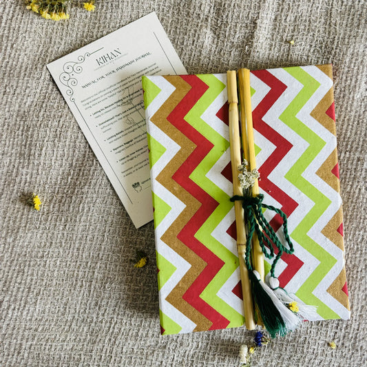 Handmade paper bamboo journal in zag zig zen - front view