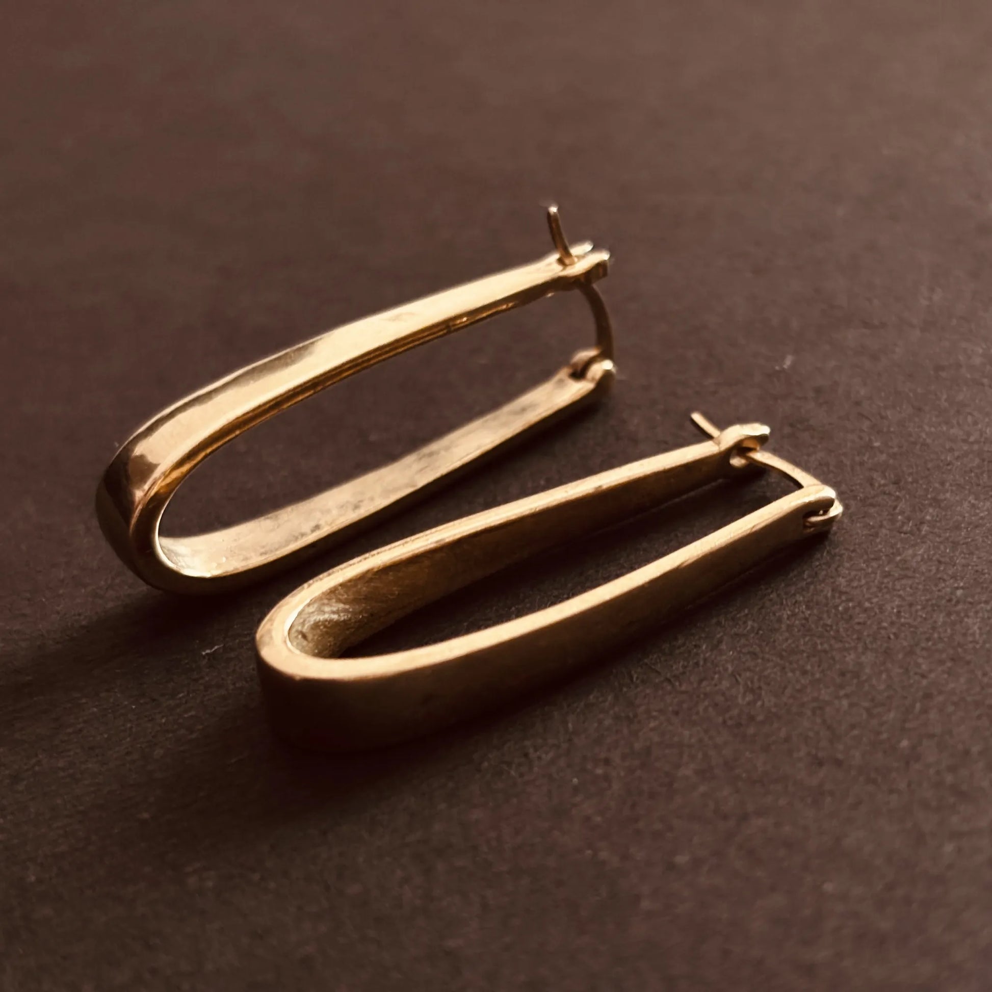 Sculptural elongated brass hoops placed on dark surface