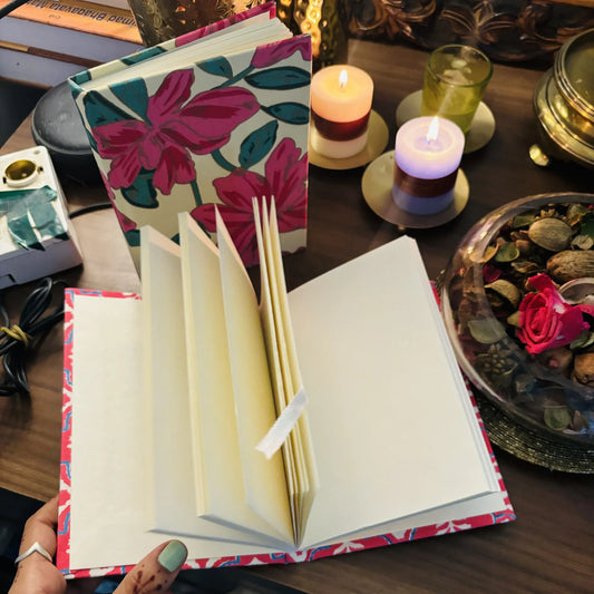 Handmade paper hardbound journal in bloom and reflect - open view