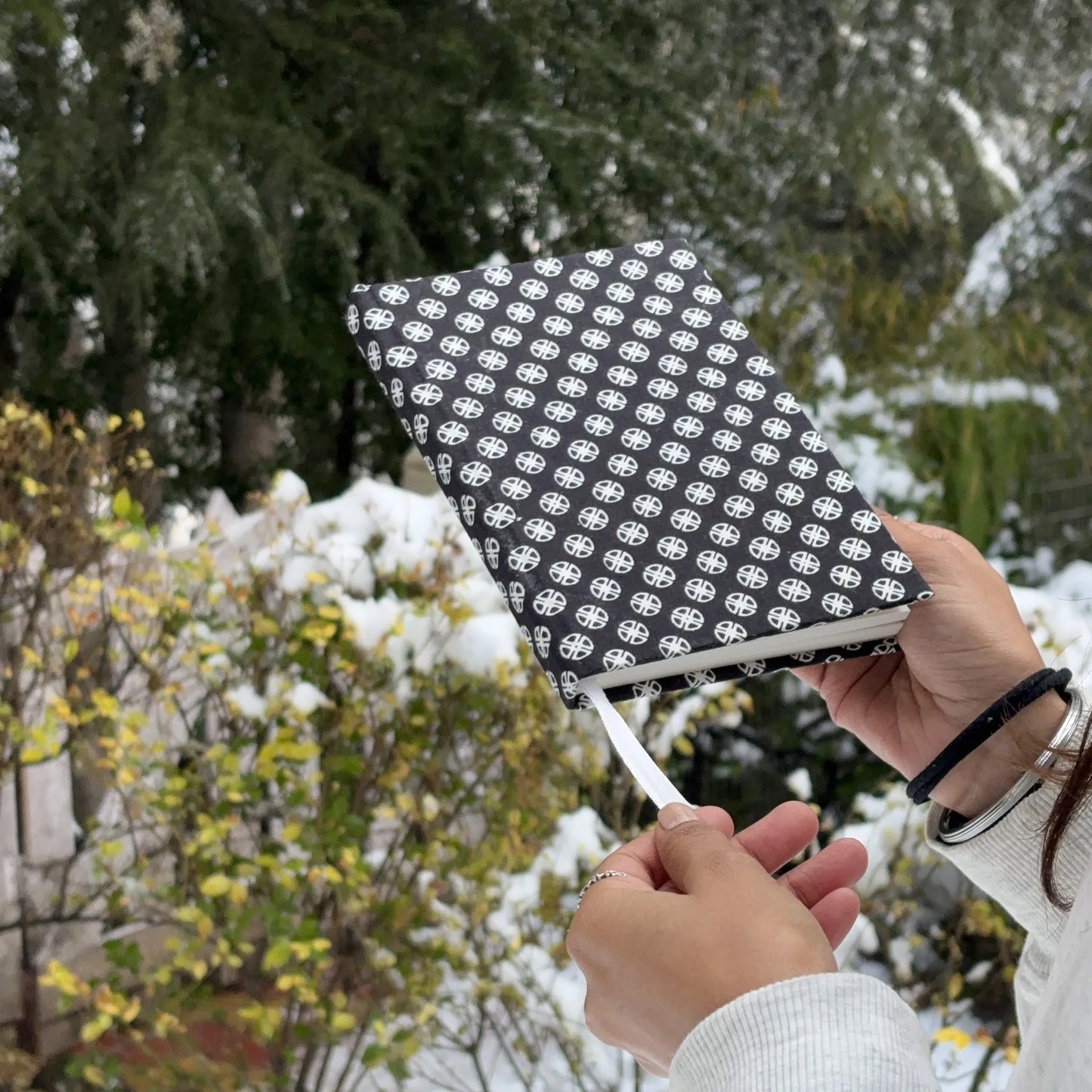Handmade paper hardbound journal in celestial grid - front view