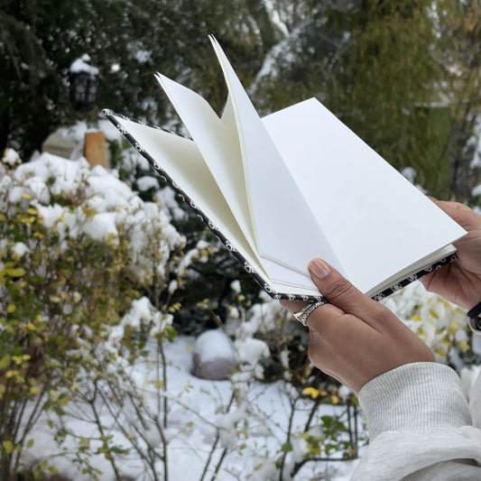 Handmade paper hardbound journal in celestial grid - open view