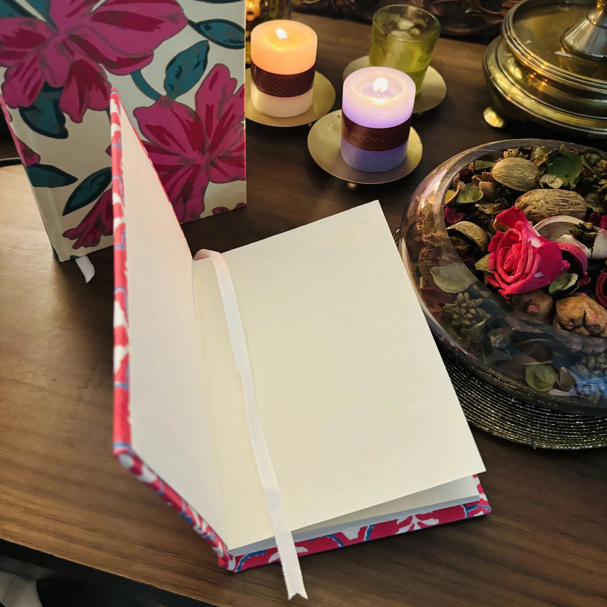 Handmade paper hardbound journal in rossy reverie - open view