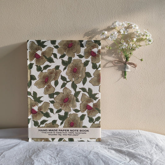 Handmade paper notebook with floral design.