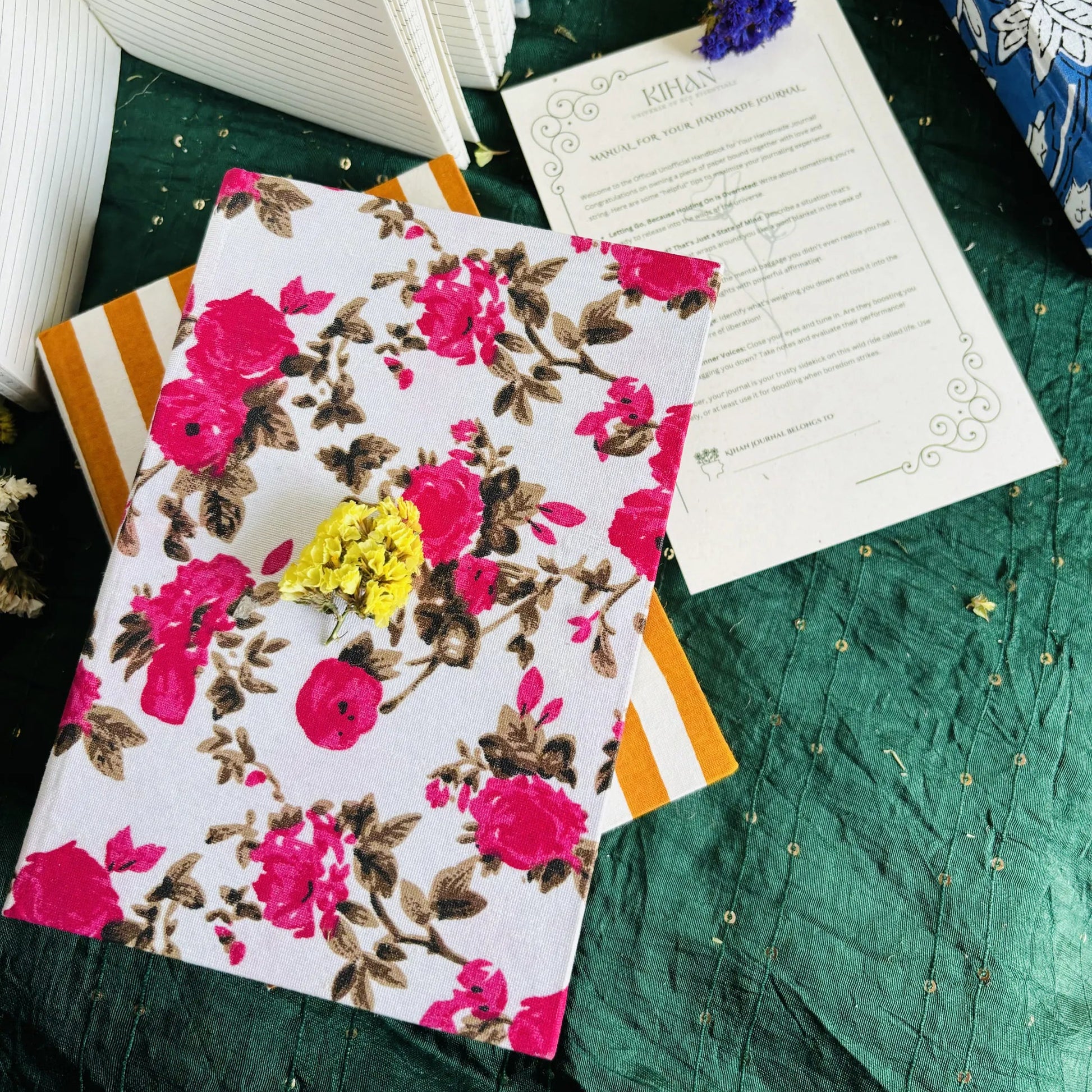 Handmade paper hardbound ruled journal in floral elegance - flatlay view