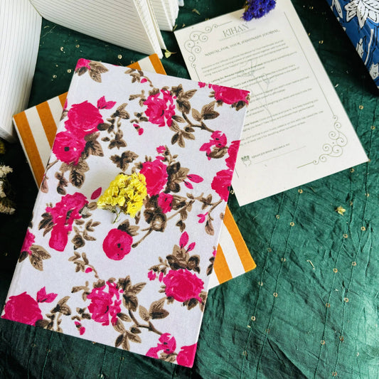 Handmade paper hardbound ruled journal in floral elegance - flatlay view