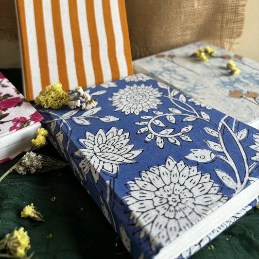 Handmade paper hardbound ruled journal in indigo bloom - flatlay view