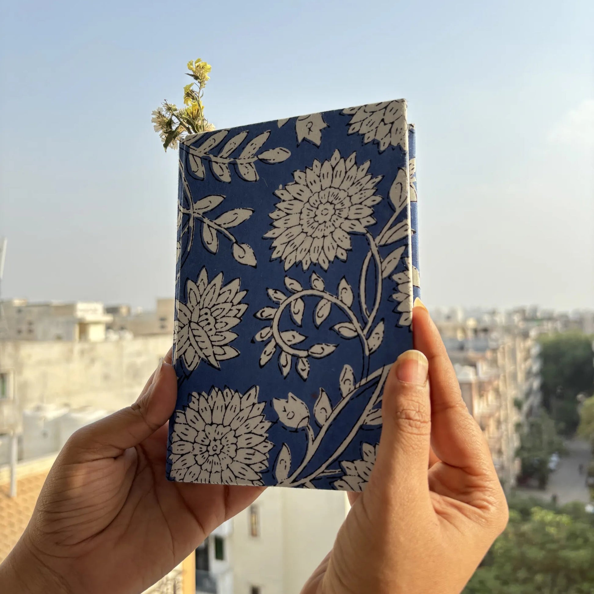 Handmade paper hardbound ruled journal in indigo bloom - front view