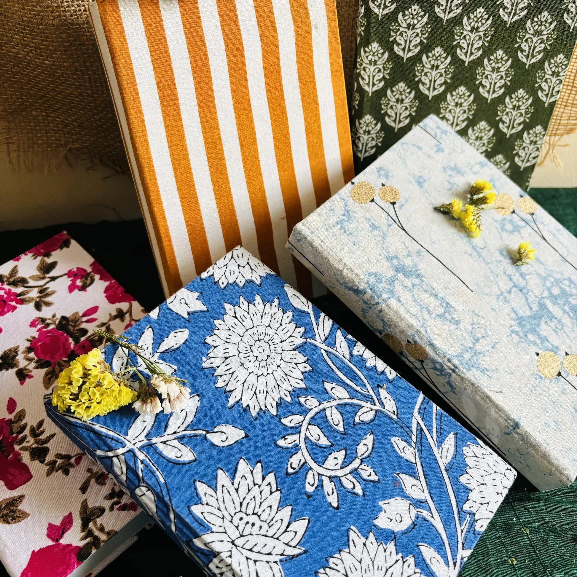 Handmade paper hardbound ruled journal in marbled blue - collection view