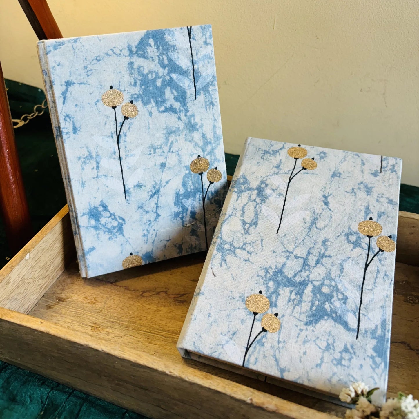 Handmade paper hardbound ruled journal in marbled blue - front view
