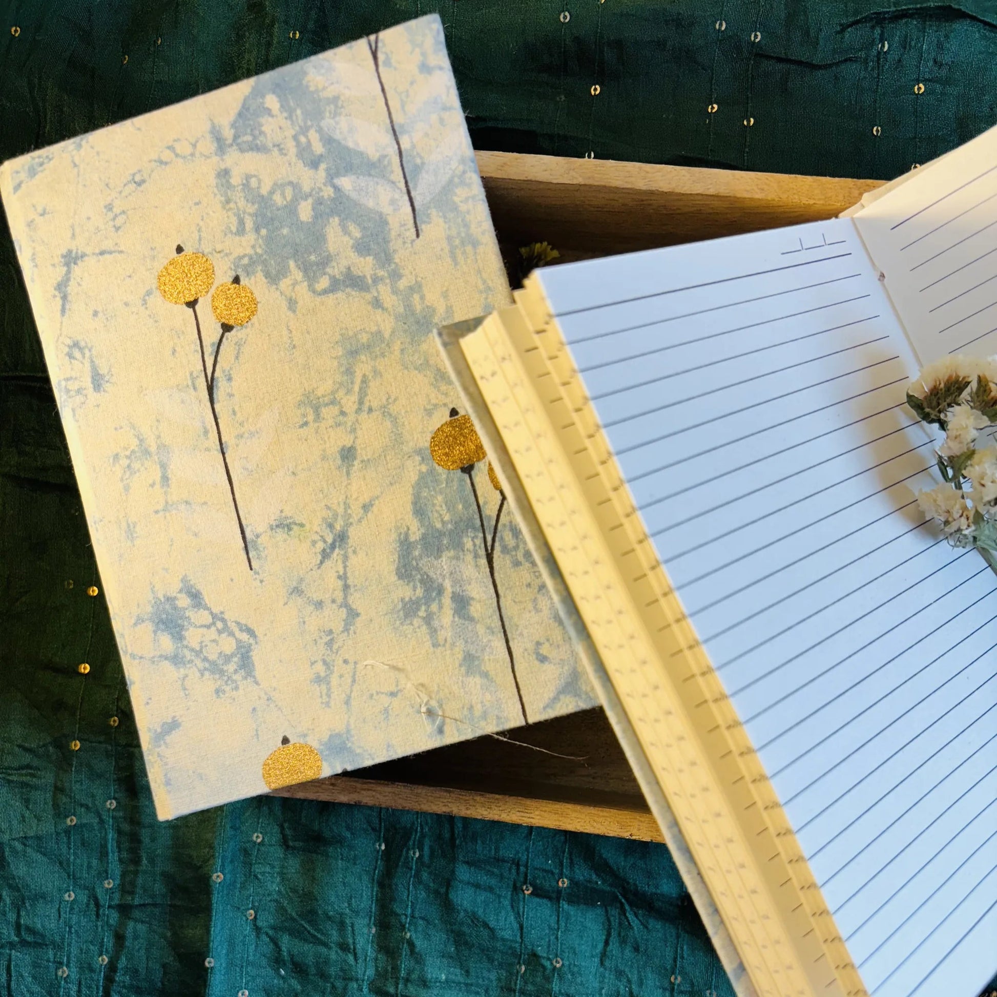 Handmade paper hardbound ruled journal in marbled blue - open view