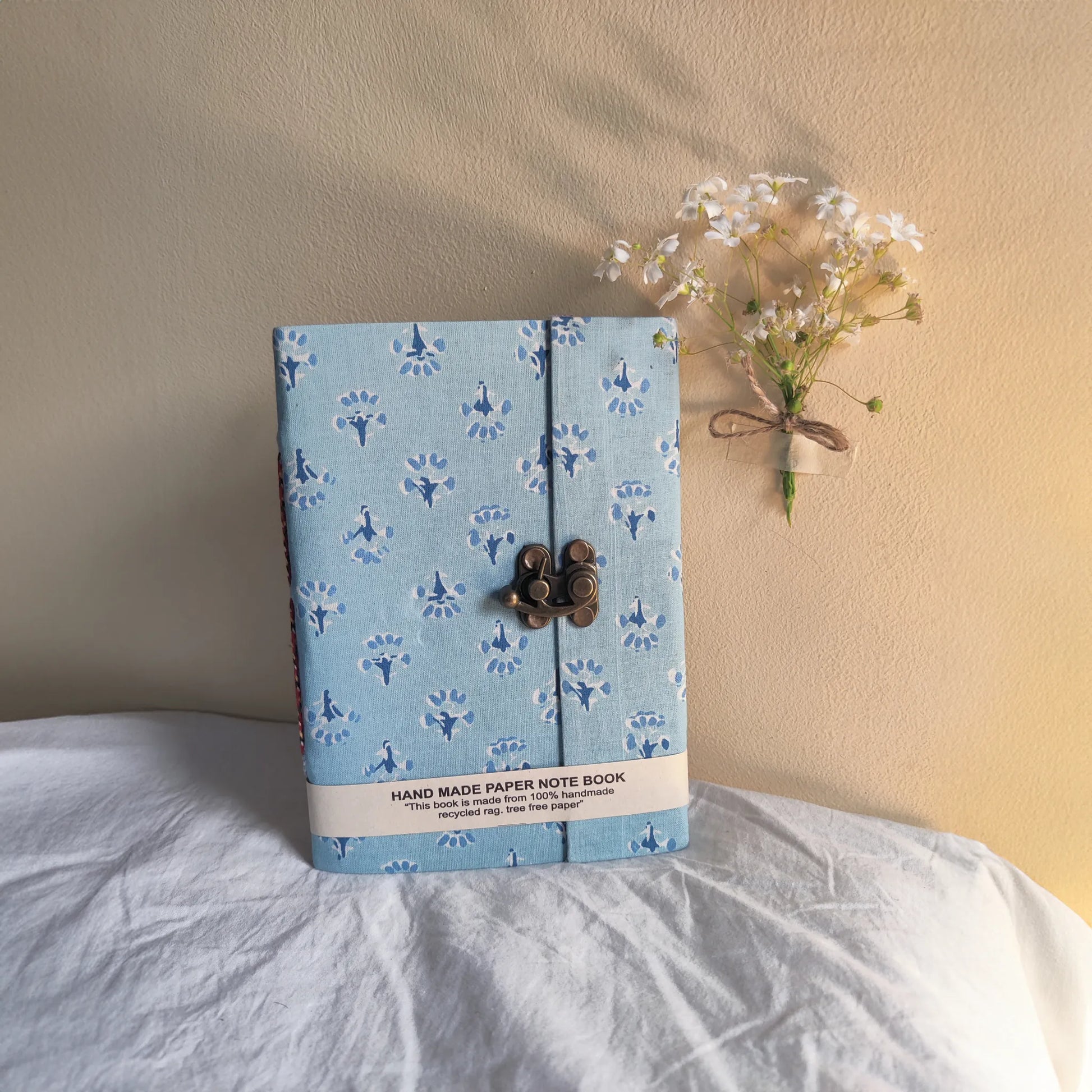 Handmade paper lock journal in azureflor - front view