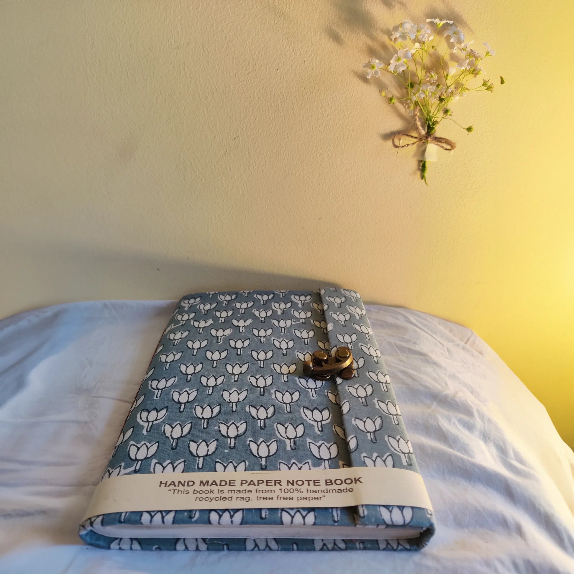 Handmade paper lock journal in cerulea - flatlay view