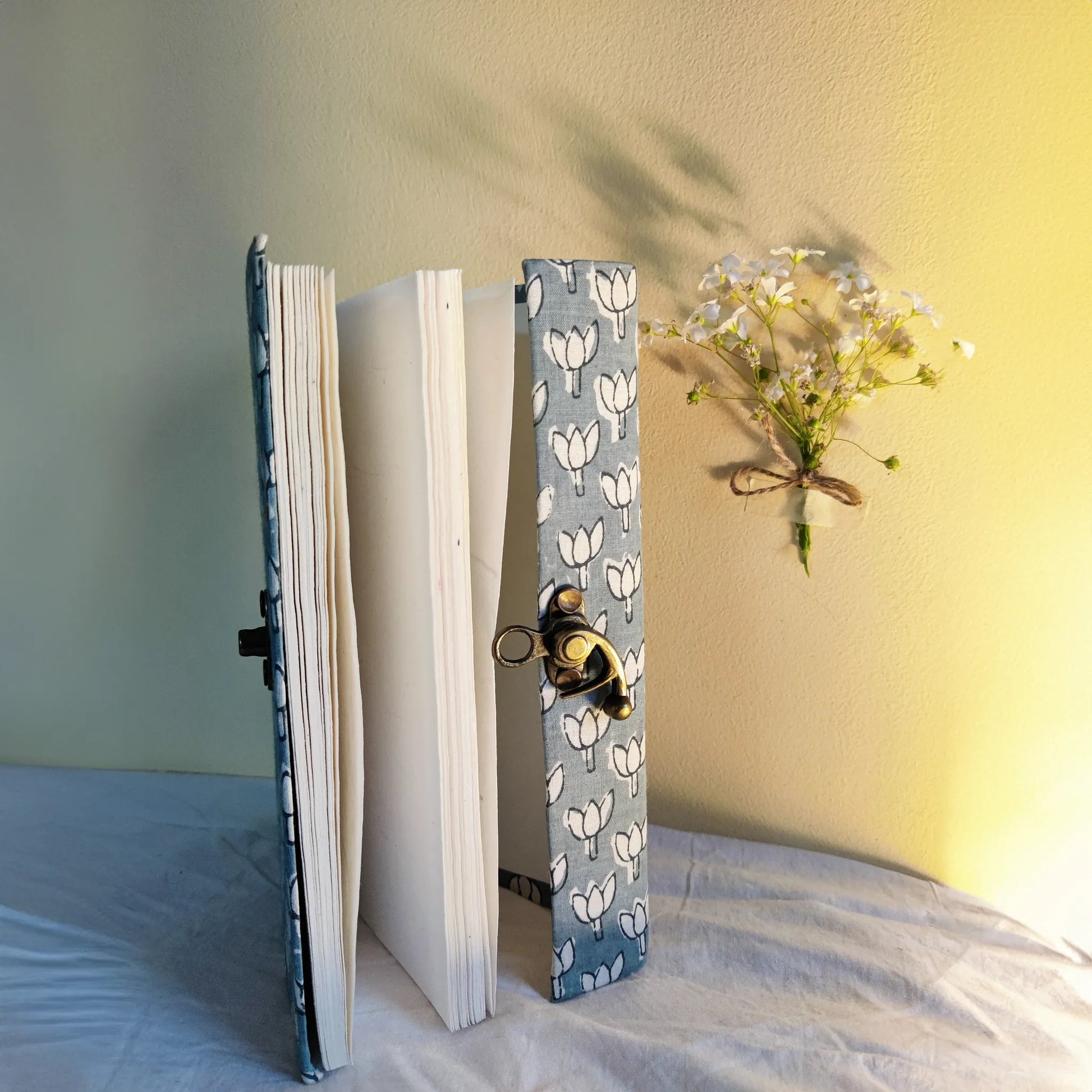 Handmade paper lock journal in cerulea - open view
