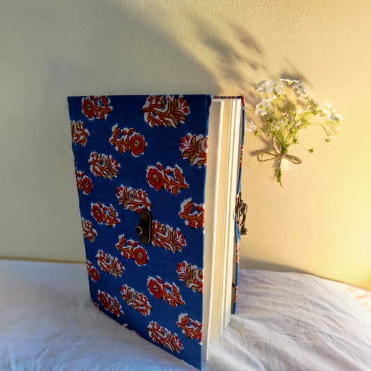 Handmade paper lock journal in flamebloom - open view