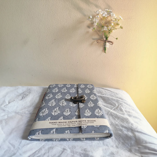 Handmade paper lock journal in greybloom - flatlay view