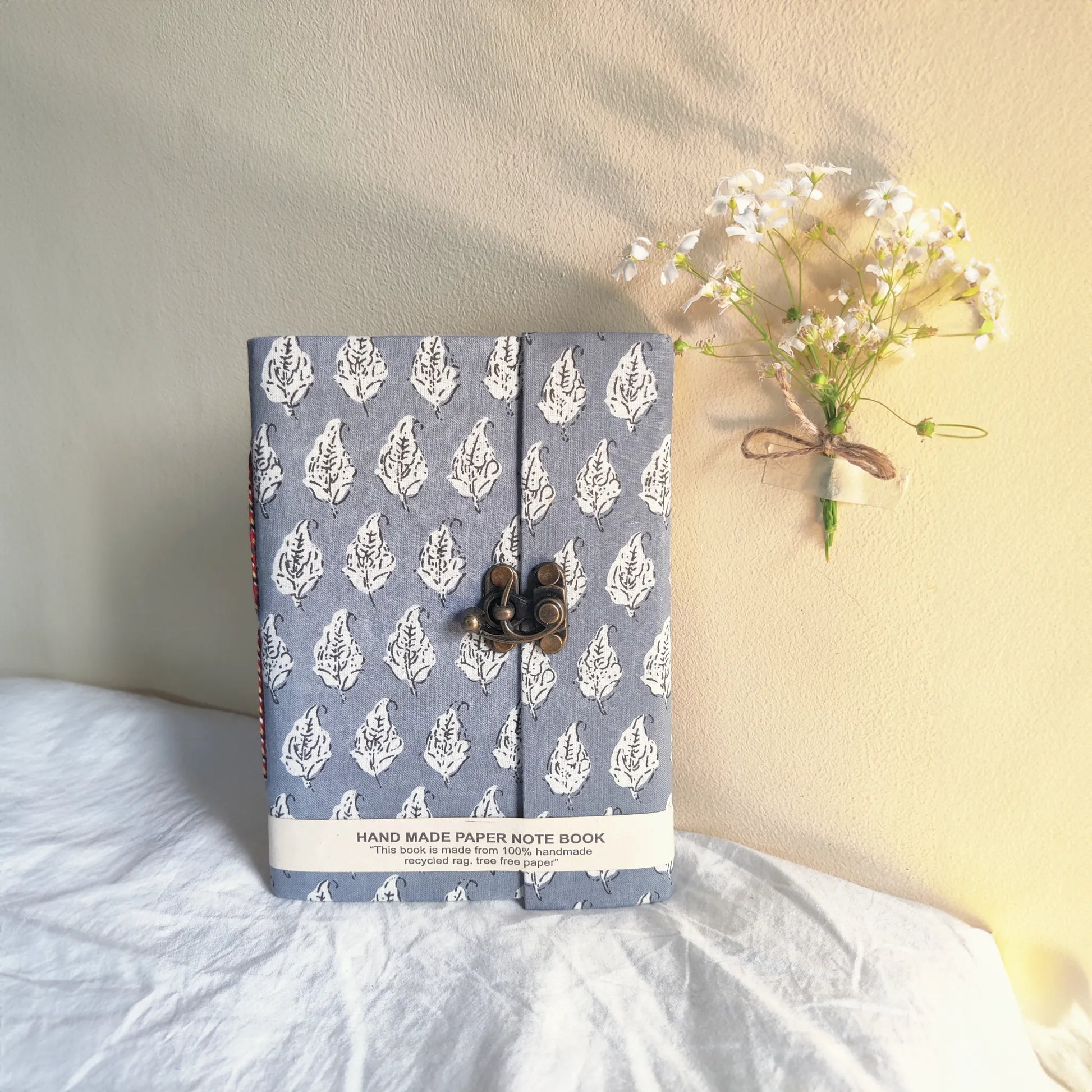 Handmade paper lock journal in greybloom - front view