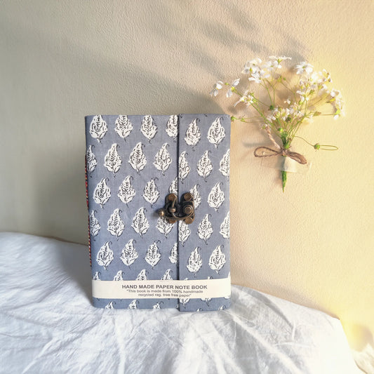 Handmade paper lock journal in greybloom - front view