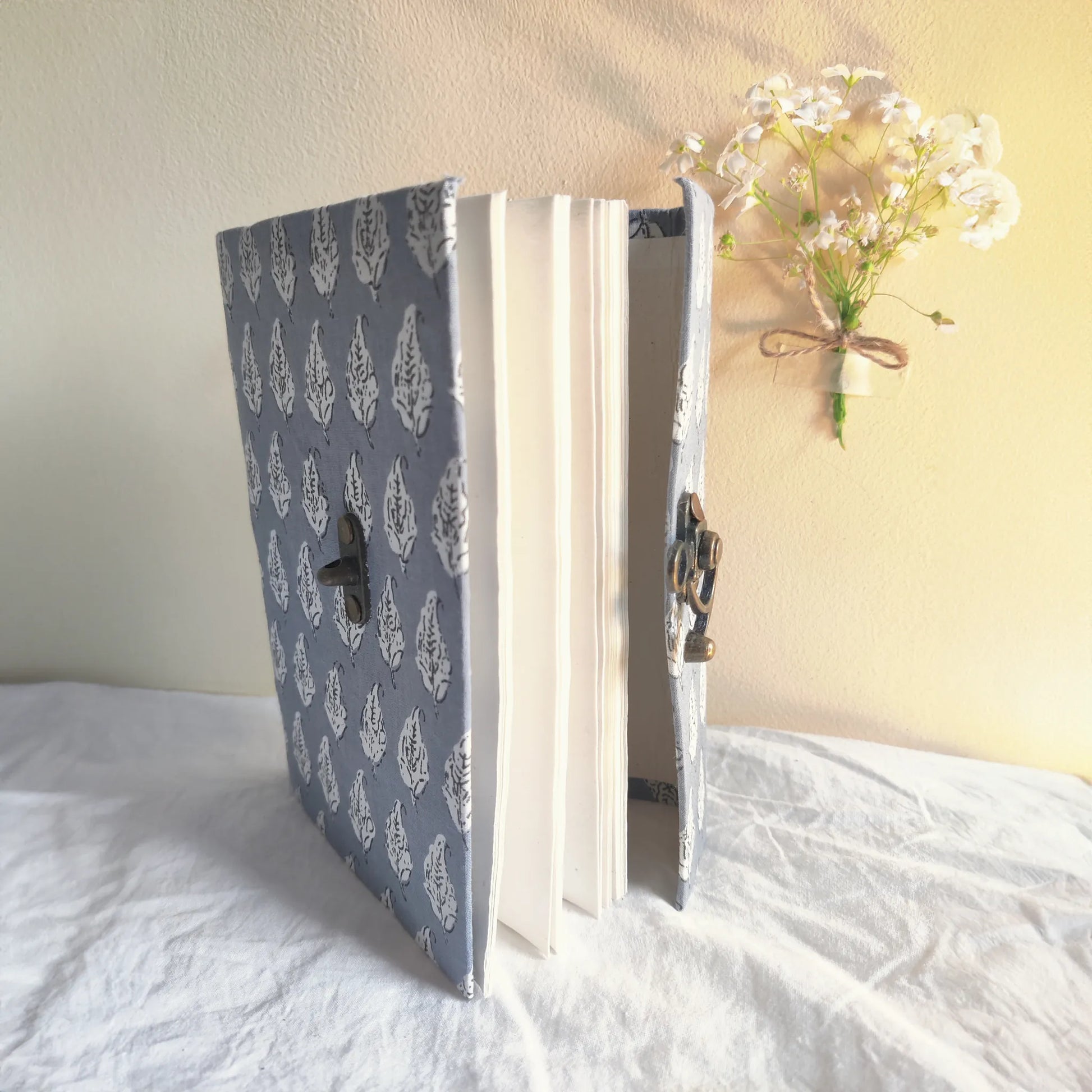 Handmade paper lock journal in greybloom - open view