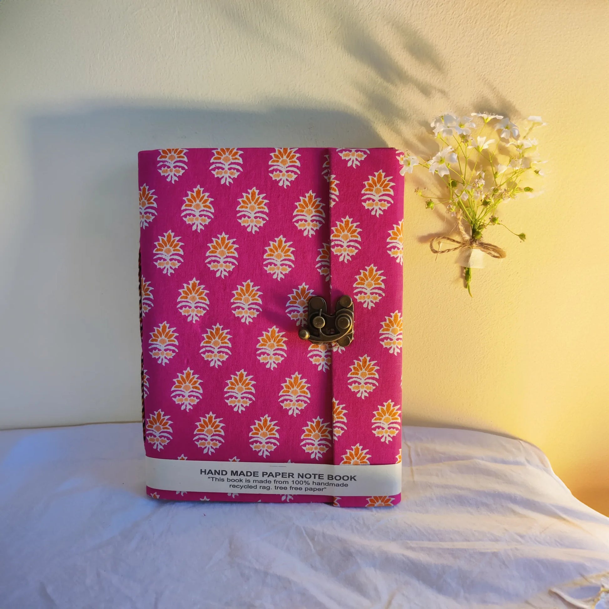 Handmade paper lock journal in magentea - front view