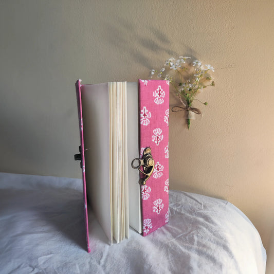 Handmade paper lock journal in pinkloom - open view