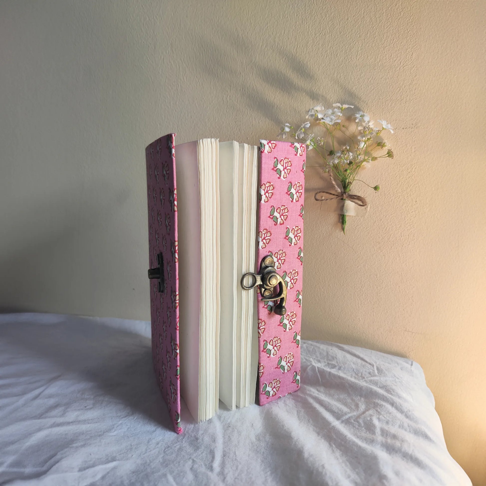 Handmade paper lock journal in roselit - open view