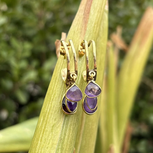 Gold amethyst drop hoops hanging from green leaf outdoors