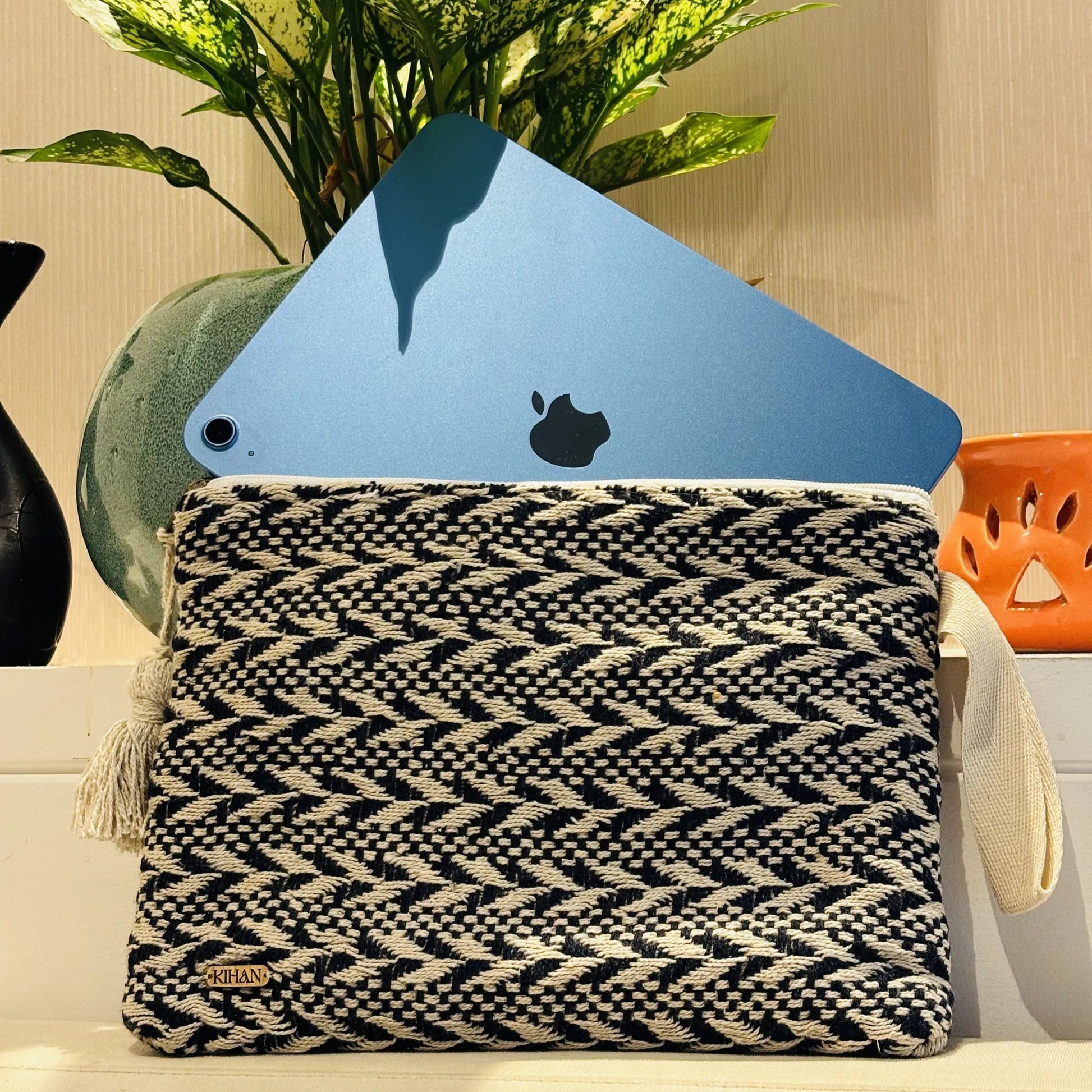 Handloom pouch multipurpose in black woven - ipad view