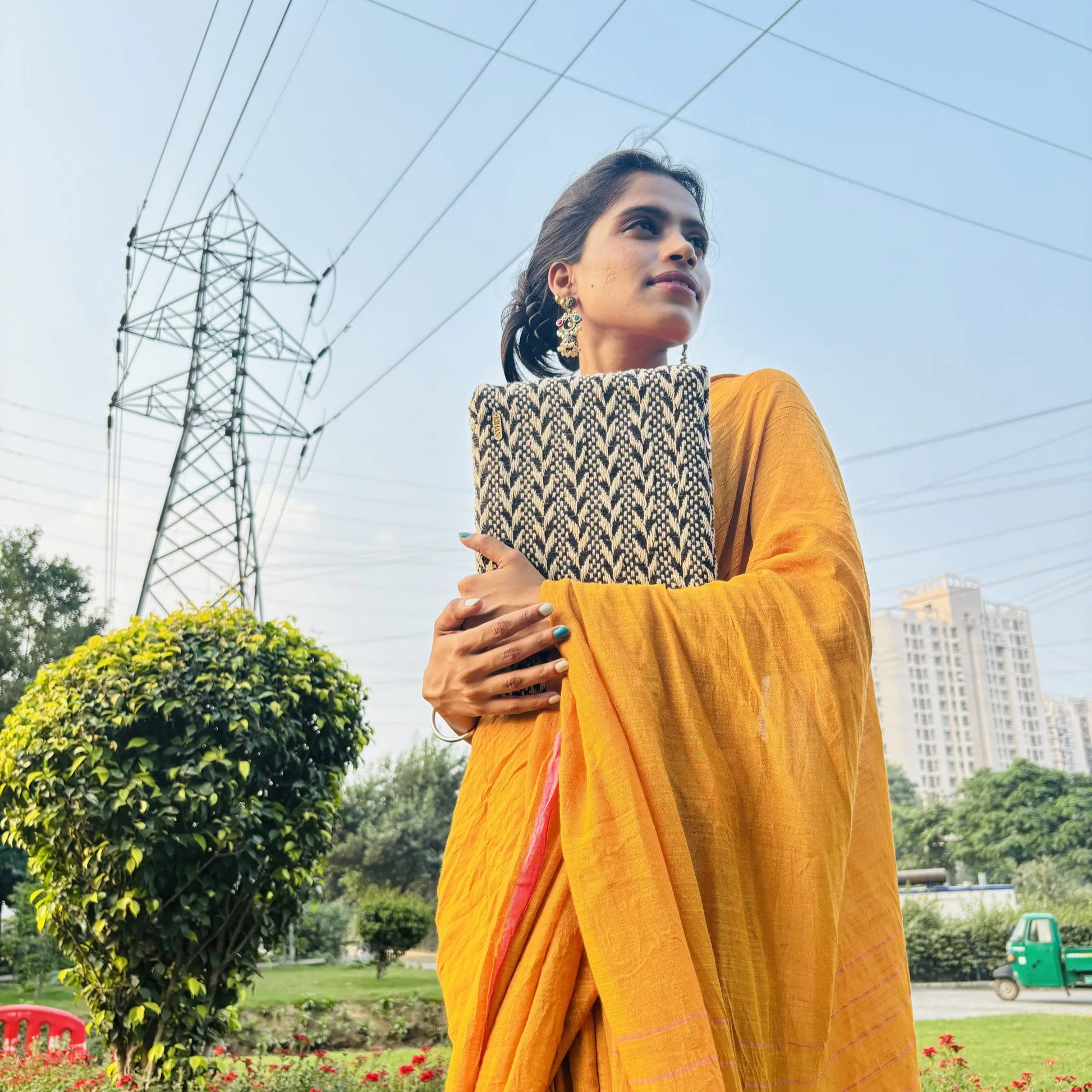 Handloom pouch multipurpose in black woven - lifestyle view