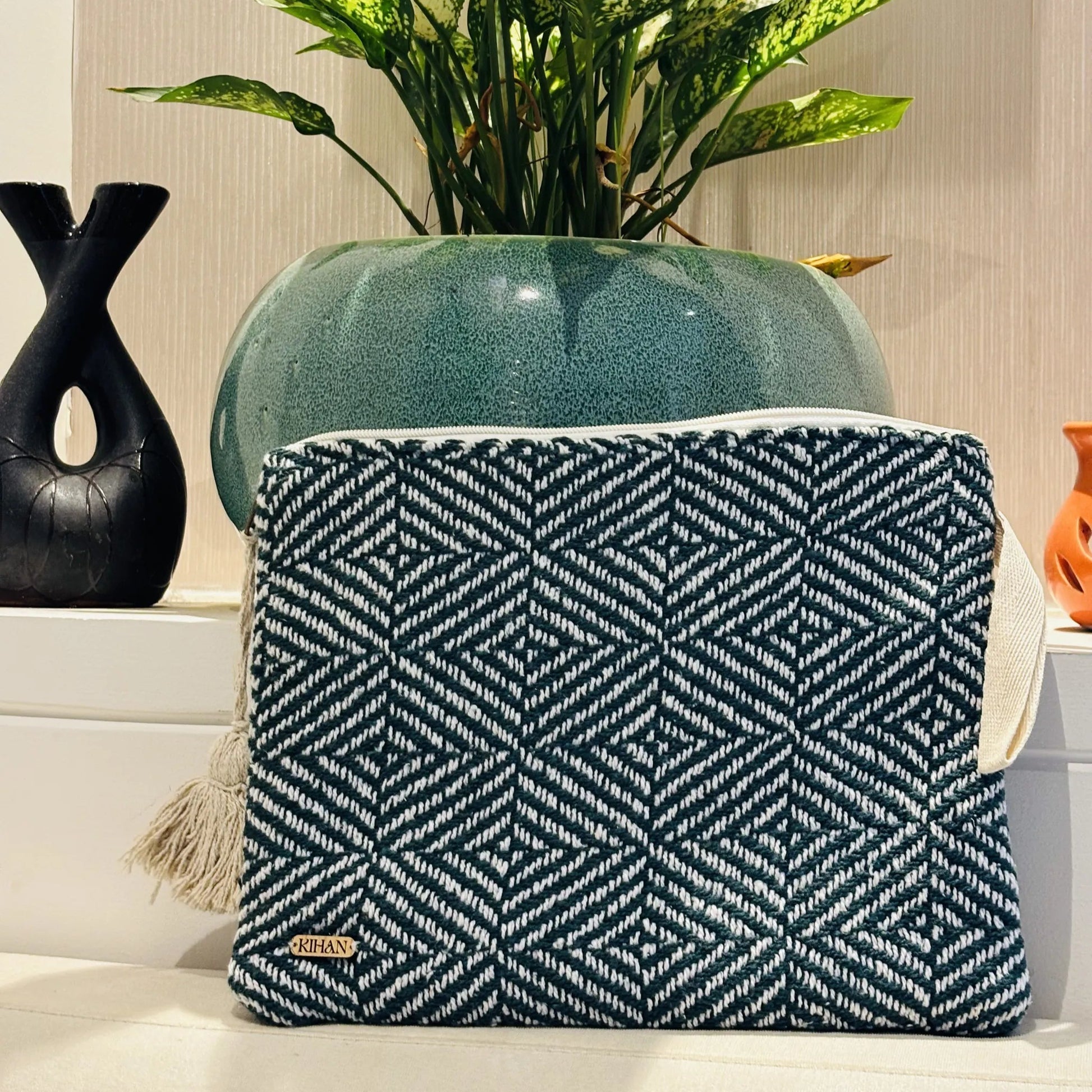 Handloom pouch multipurpose in emerald mosaic - front view