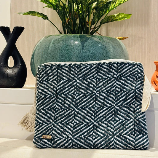 Handloom pouch multipurpose in emerald mosaic - front view