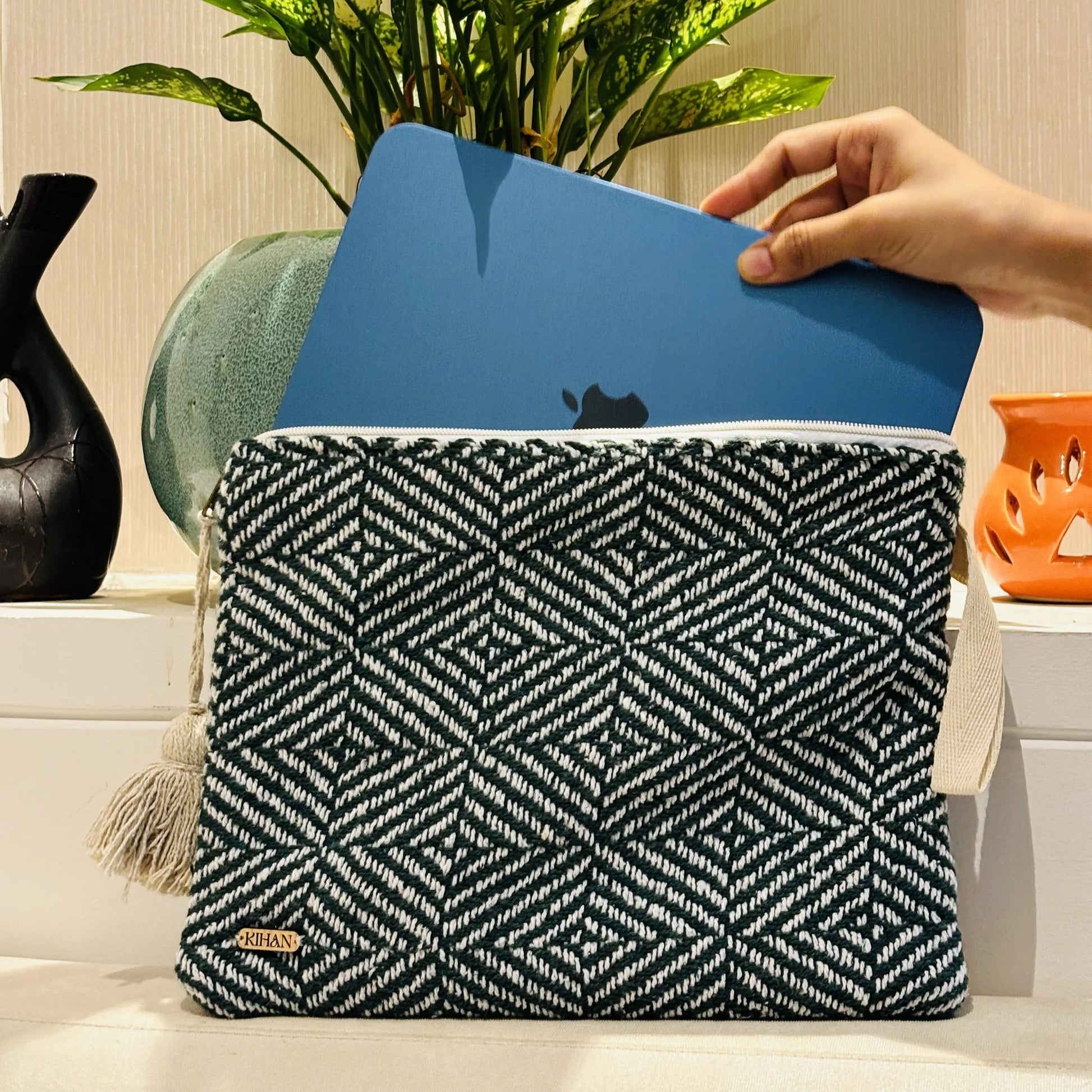 Handloom pouch multipurpose in emerald mosaic - ipad view