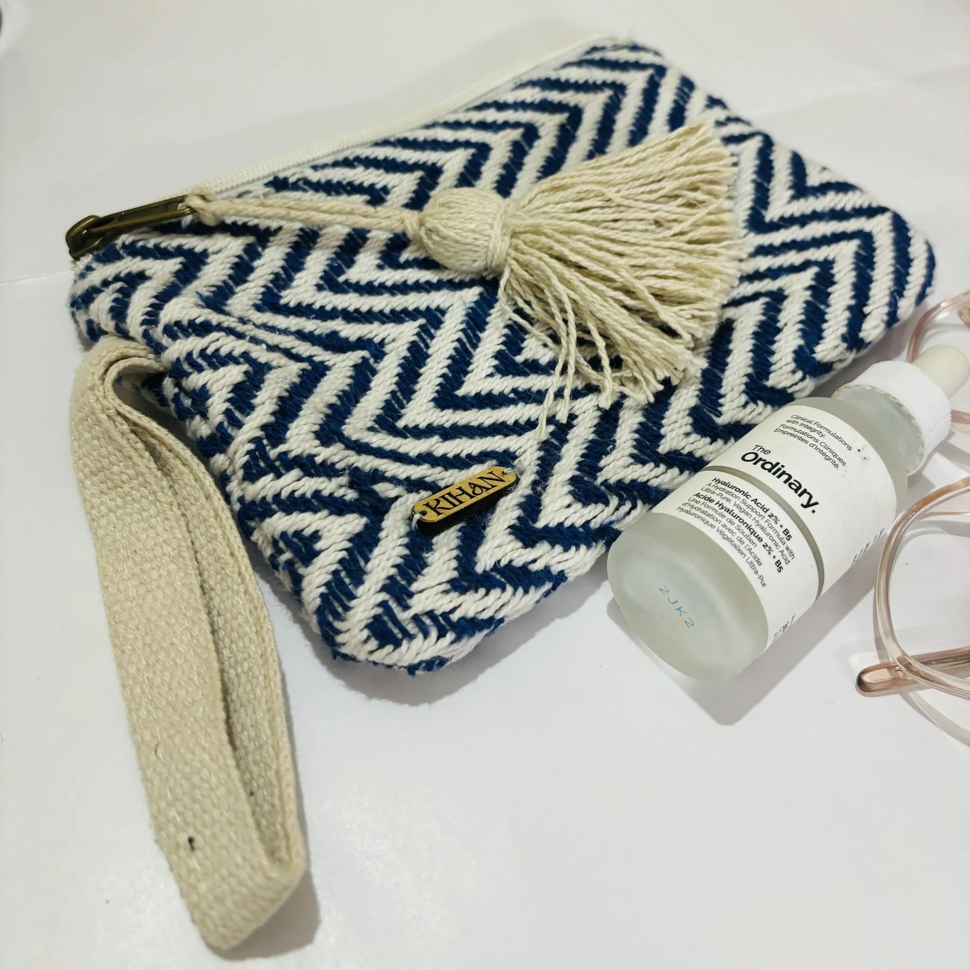 Handloom pouch multipurpose in indigo weave - flatlay view