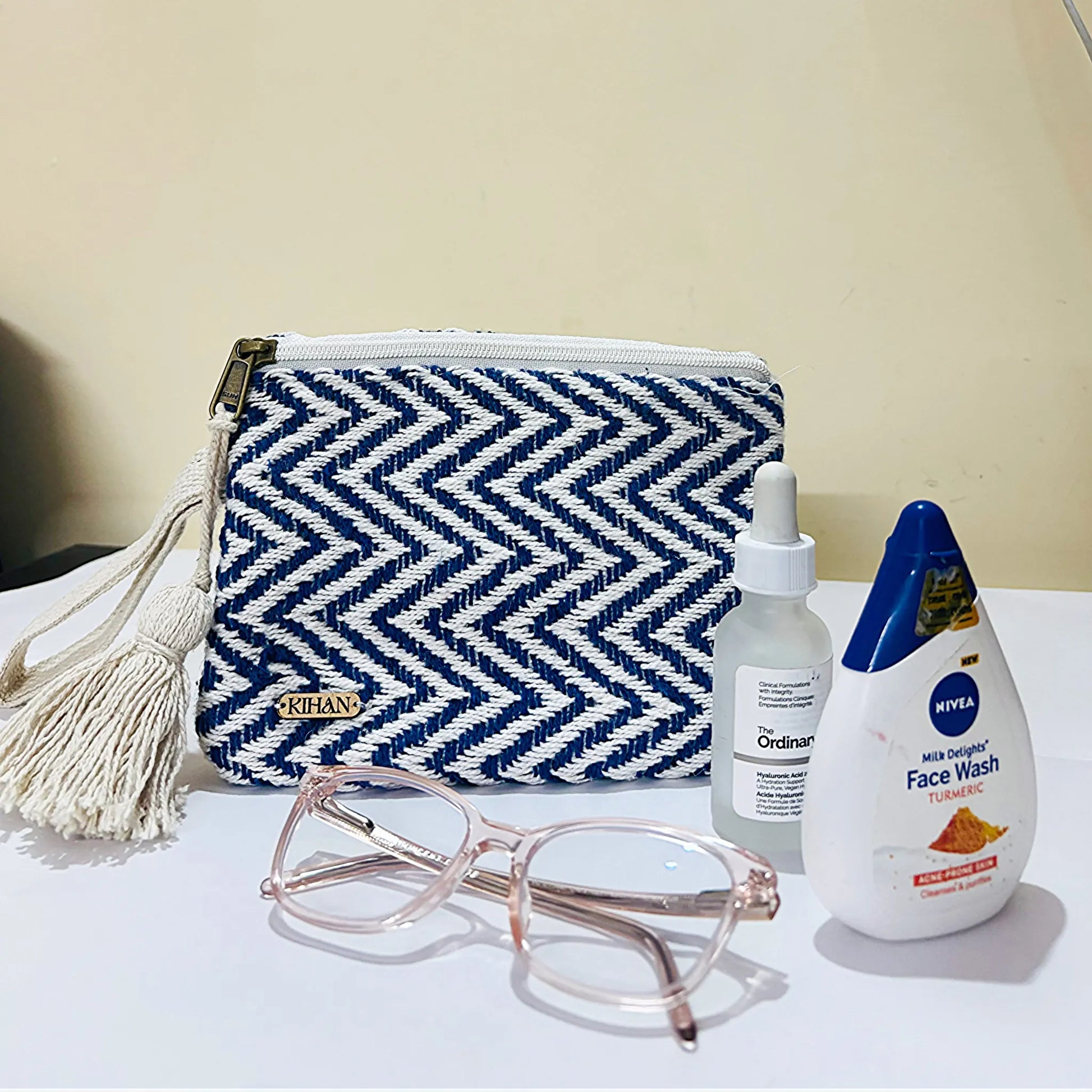 Handloom pouch multipurpose in indigo weave - front view