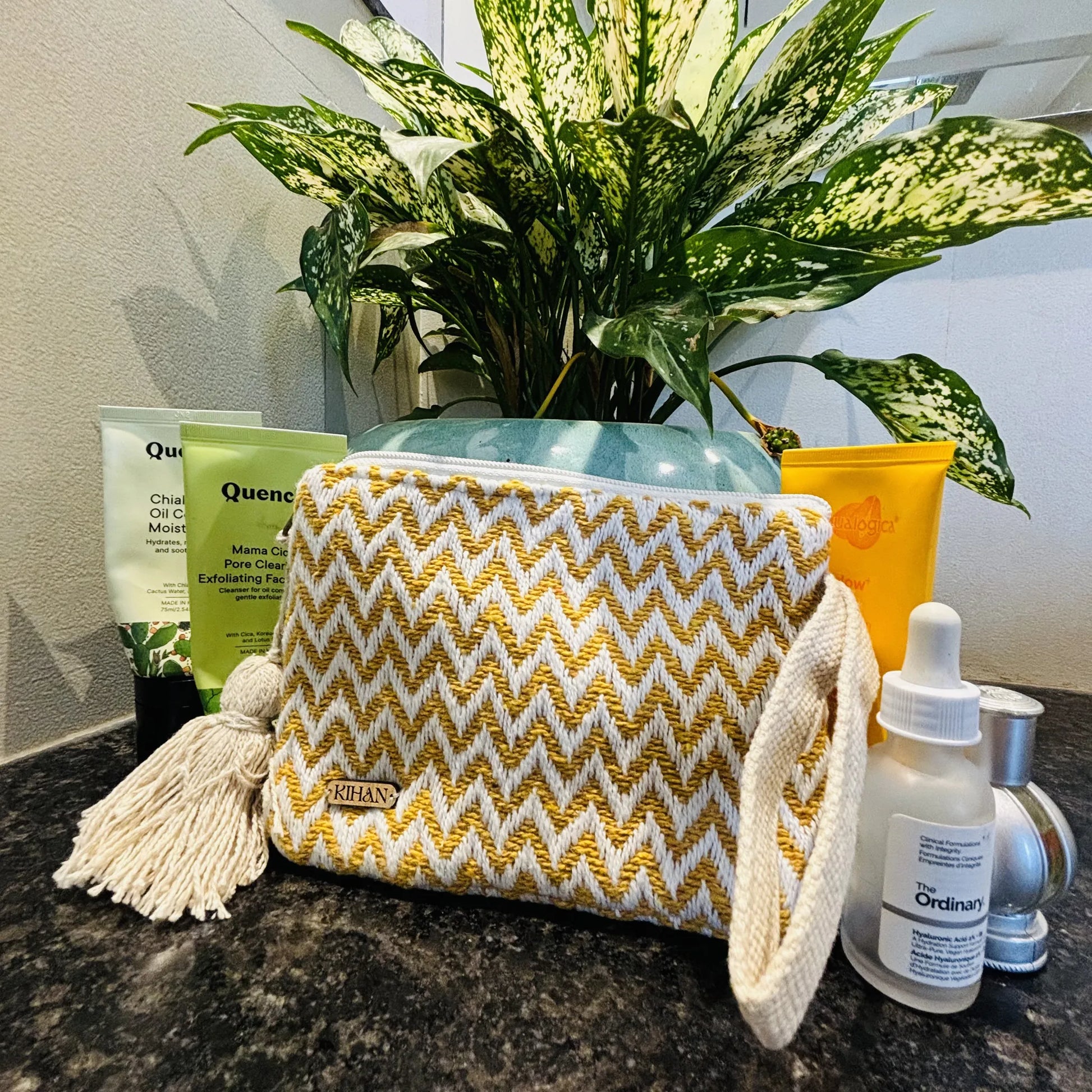 Handloom pouch multipurpose in marigold zigzag - front view