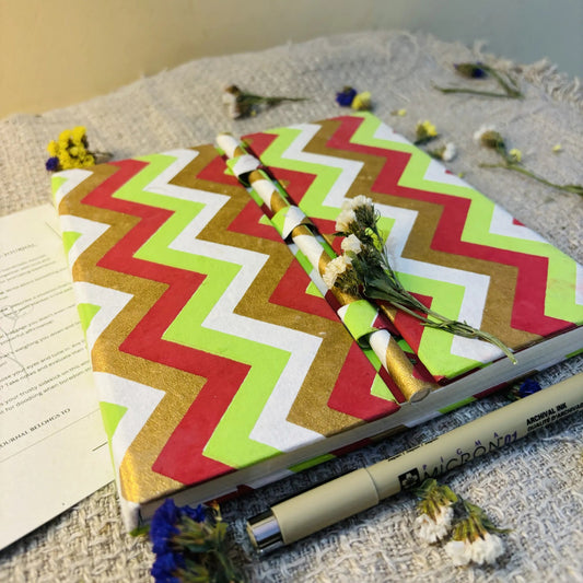 Handmade paper pen journal in chevron - pattern view