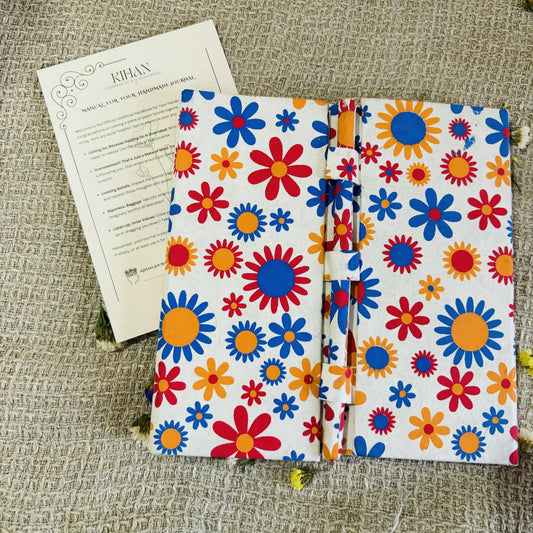 Handmade paper pen journal in floral fiesta - flatlay view