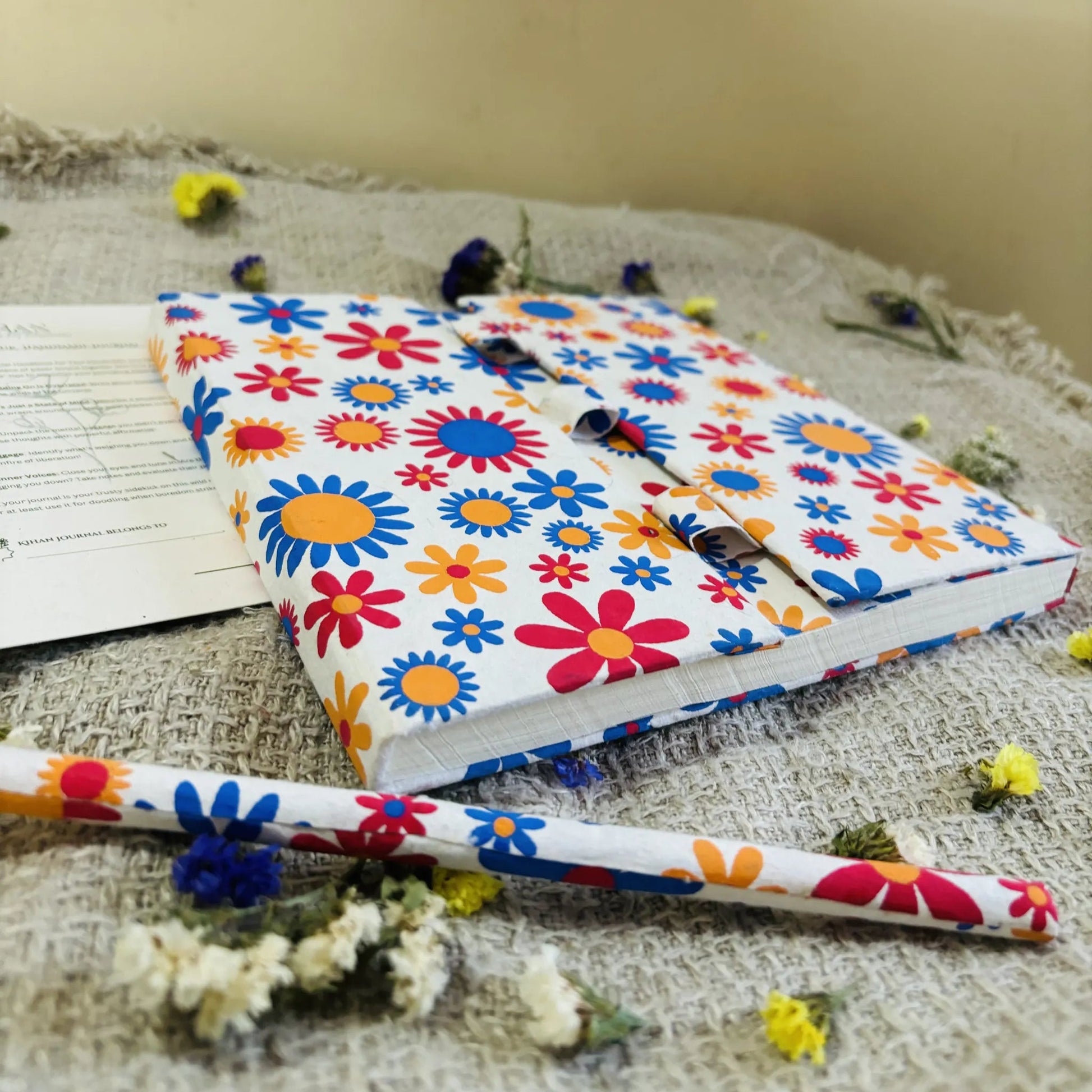 Handmade paper pen journal in floral fiesta - pen view