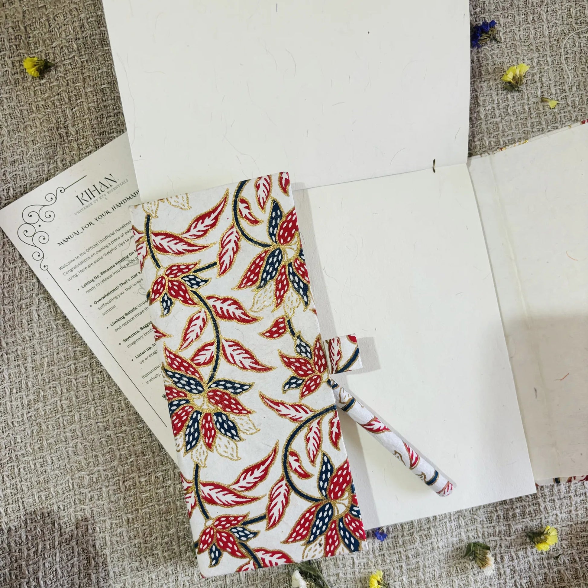 Handmade paper pen journal in floral harmony - open view