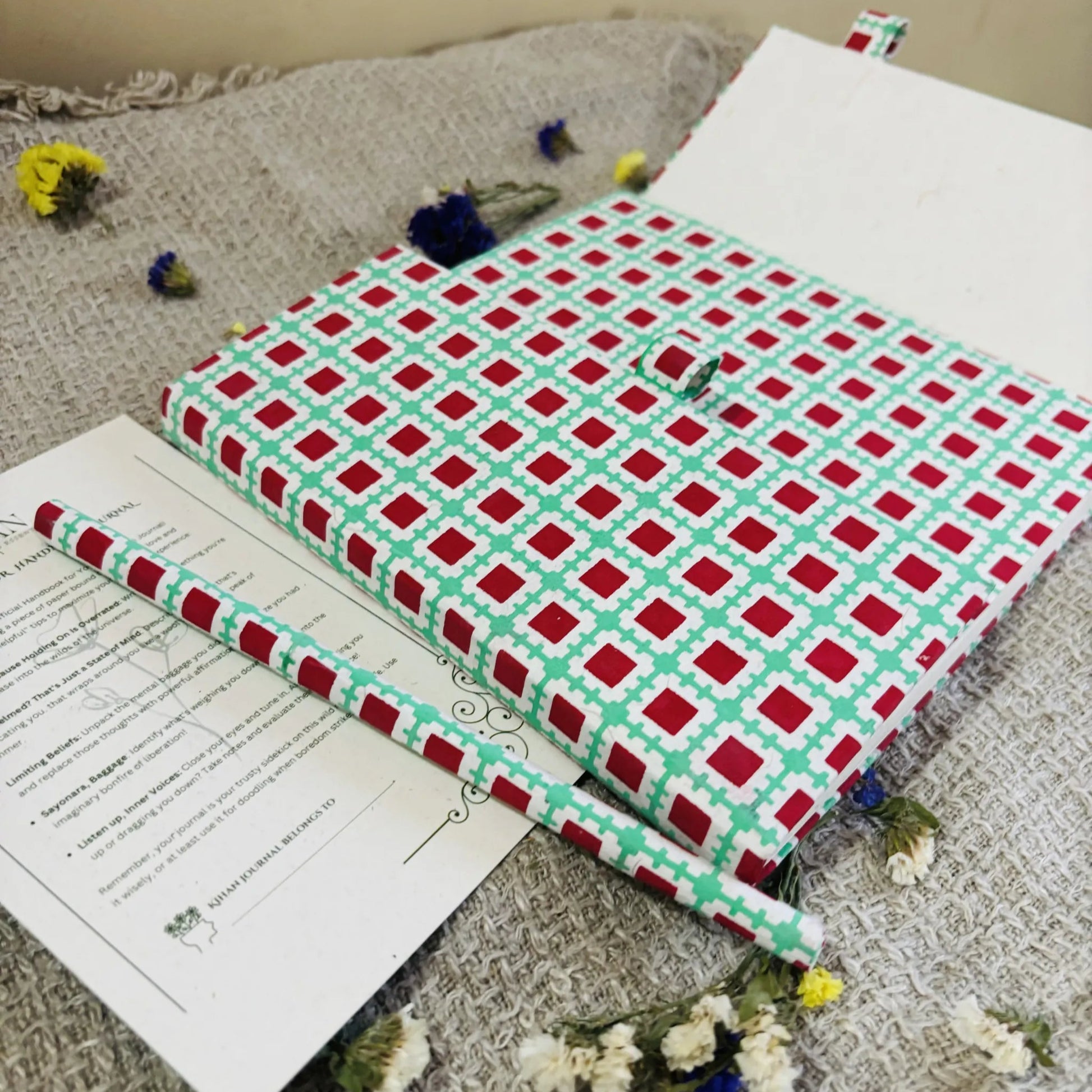 Handmade paper pen journal in geometric harmony - open view