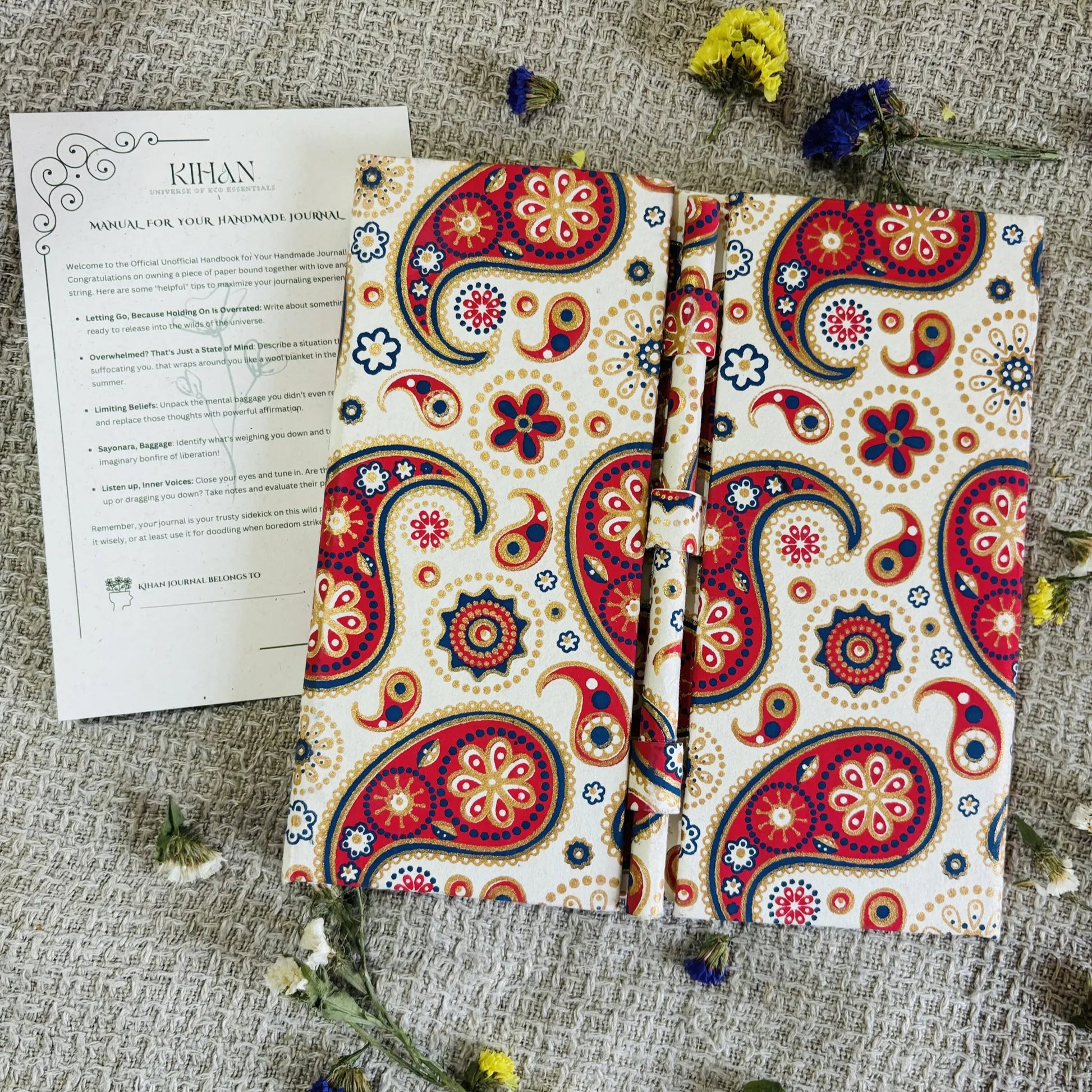 Handmade paper pen journal in paisley delight - front view