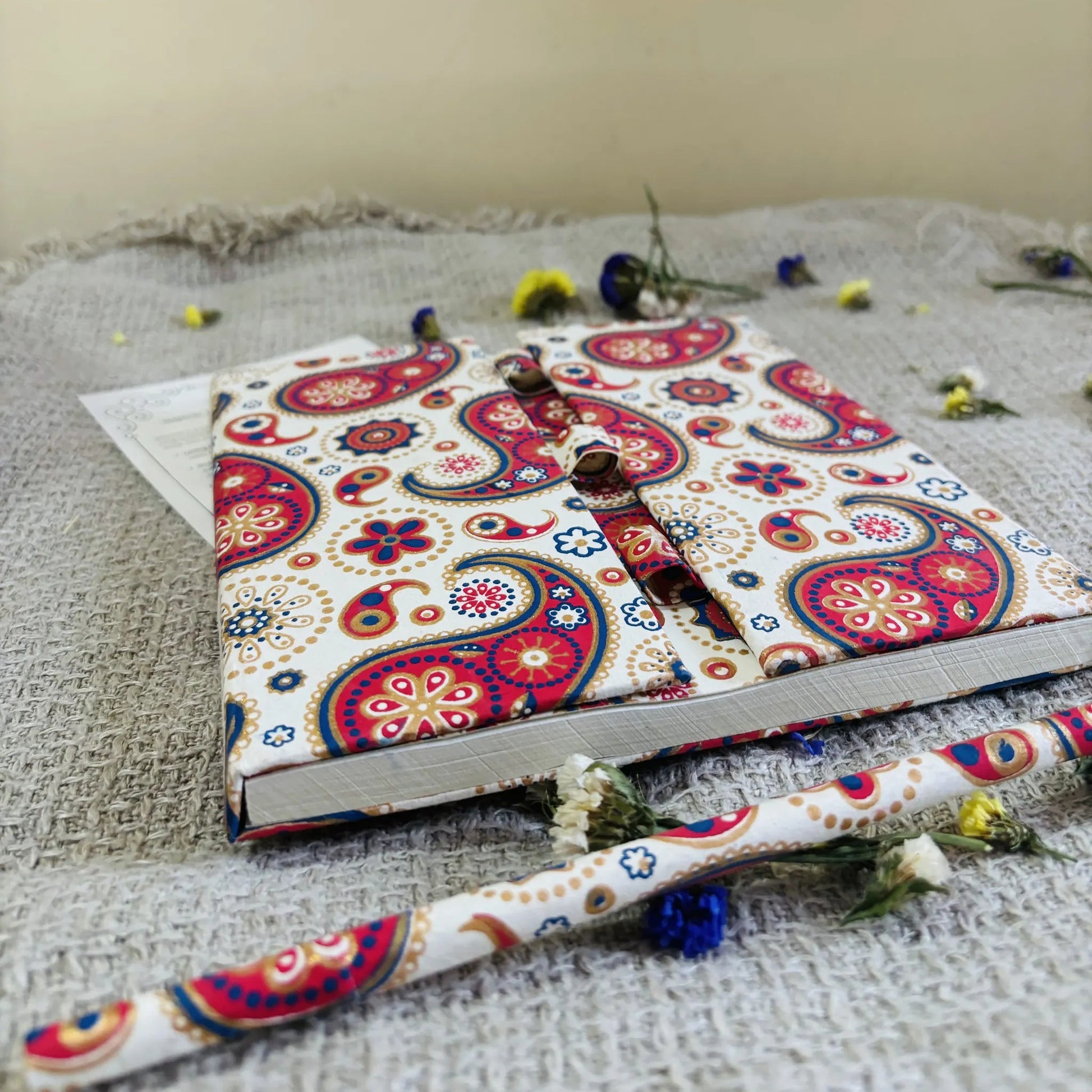 Handmade paper pen journal in paisley delight - pen view