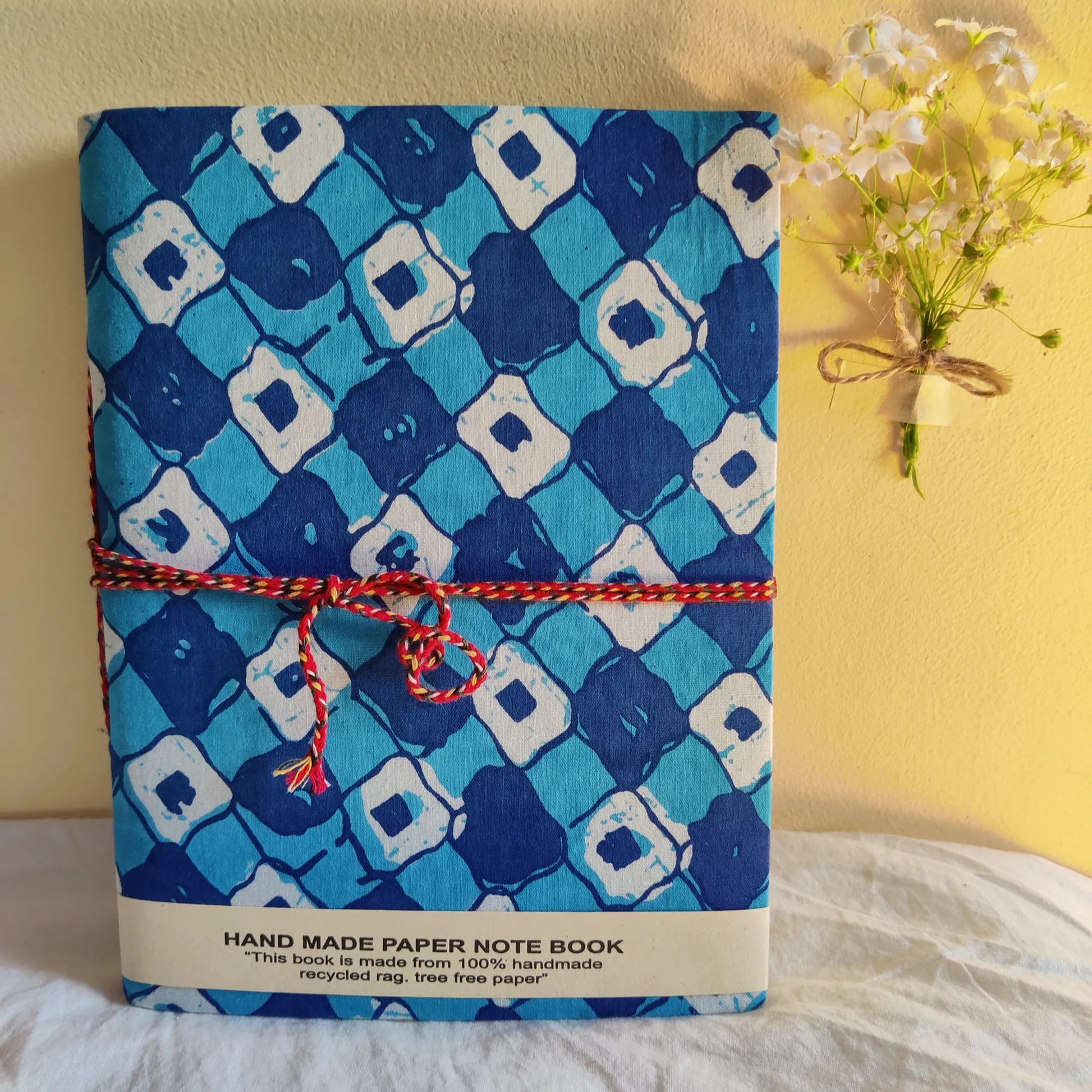 Handmade paper rope journal in azure muse - front view