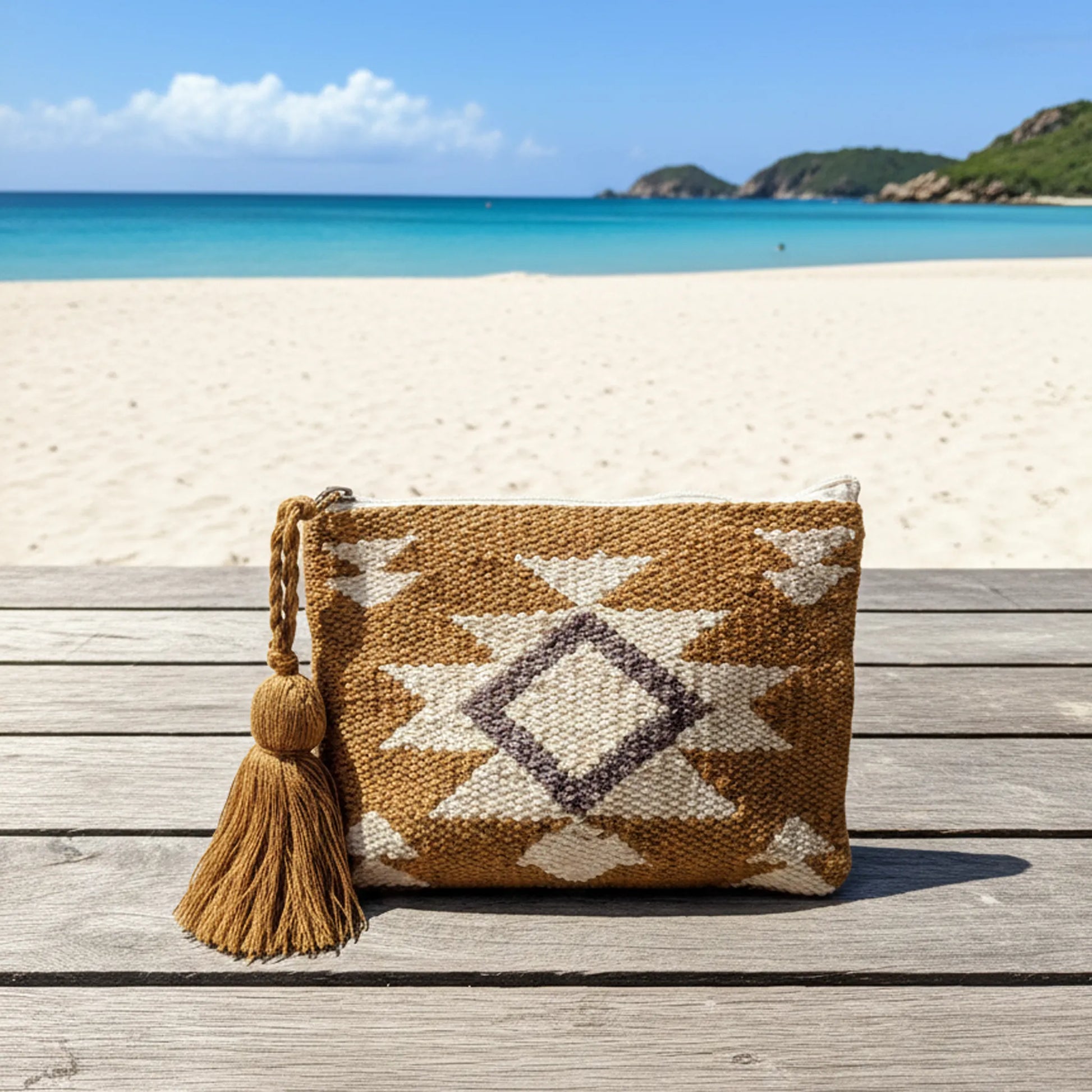 Woven clutch bag with tassel on a wooden bench at a beach.