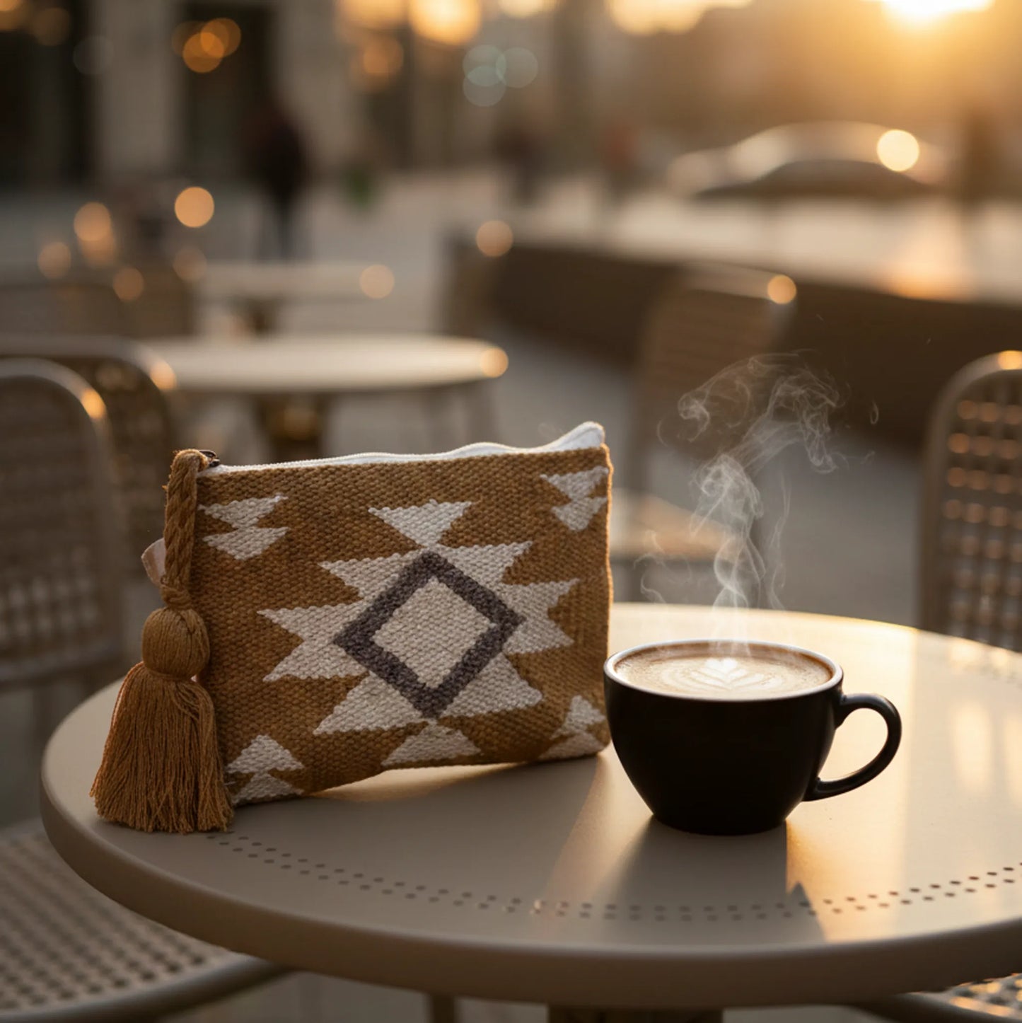 Woven pouch and steaming cup of coffee on a table