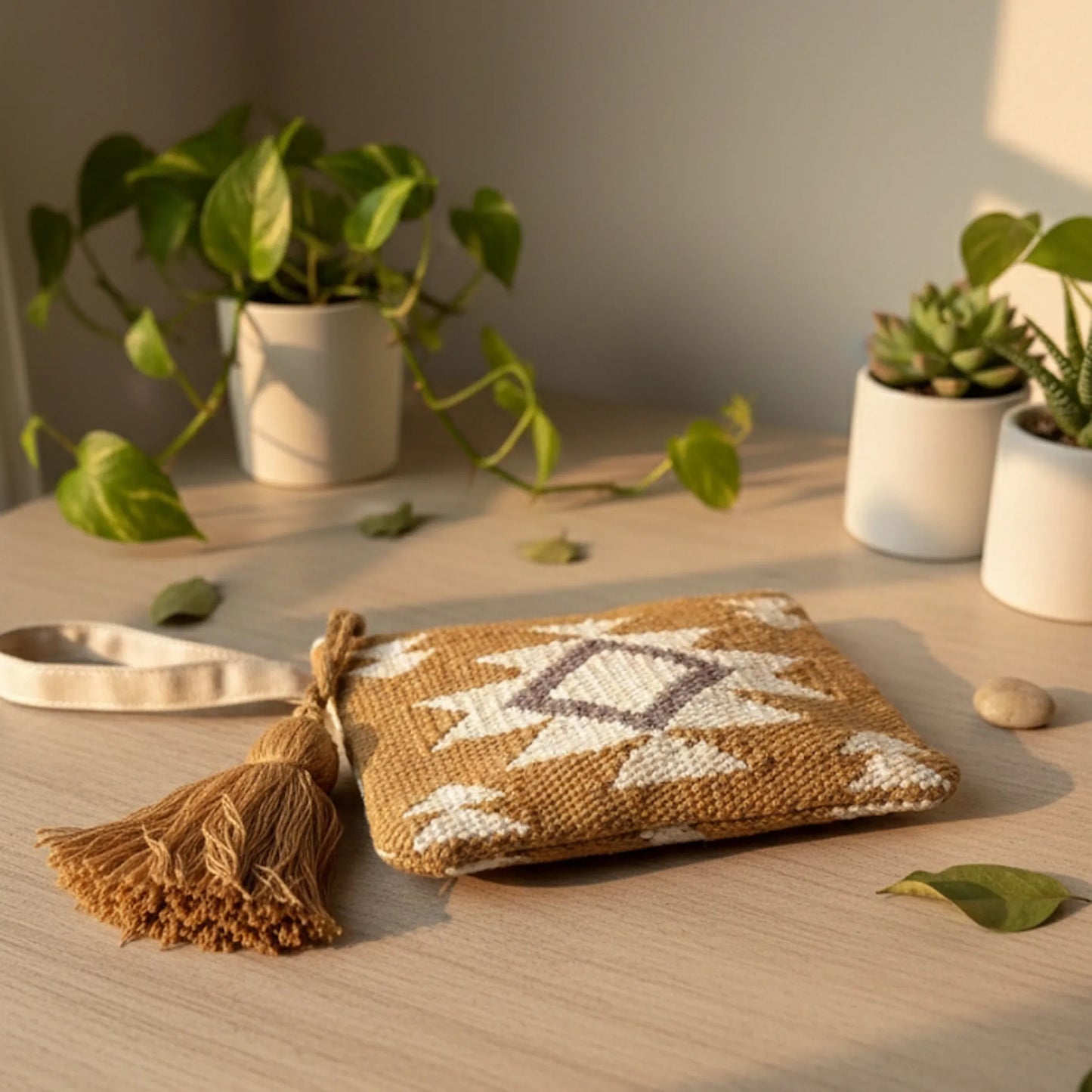 Woven pouch with tassel on a wooden surface with plants in the background