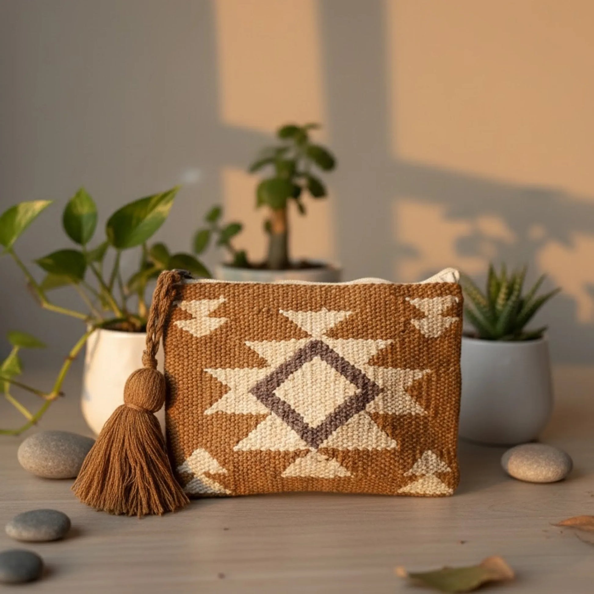 Woven pouch with geometric pattern and tassel on a wooden surface with plants in the background